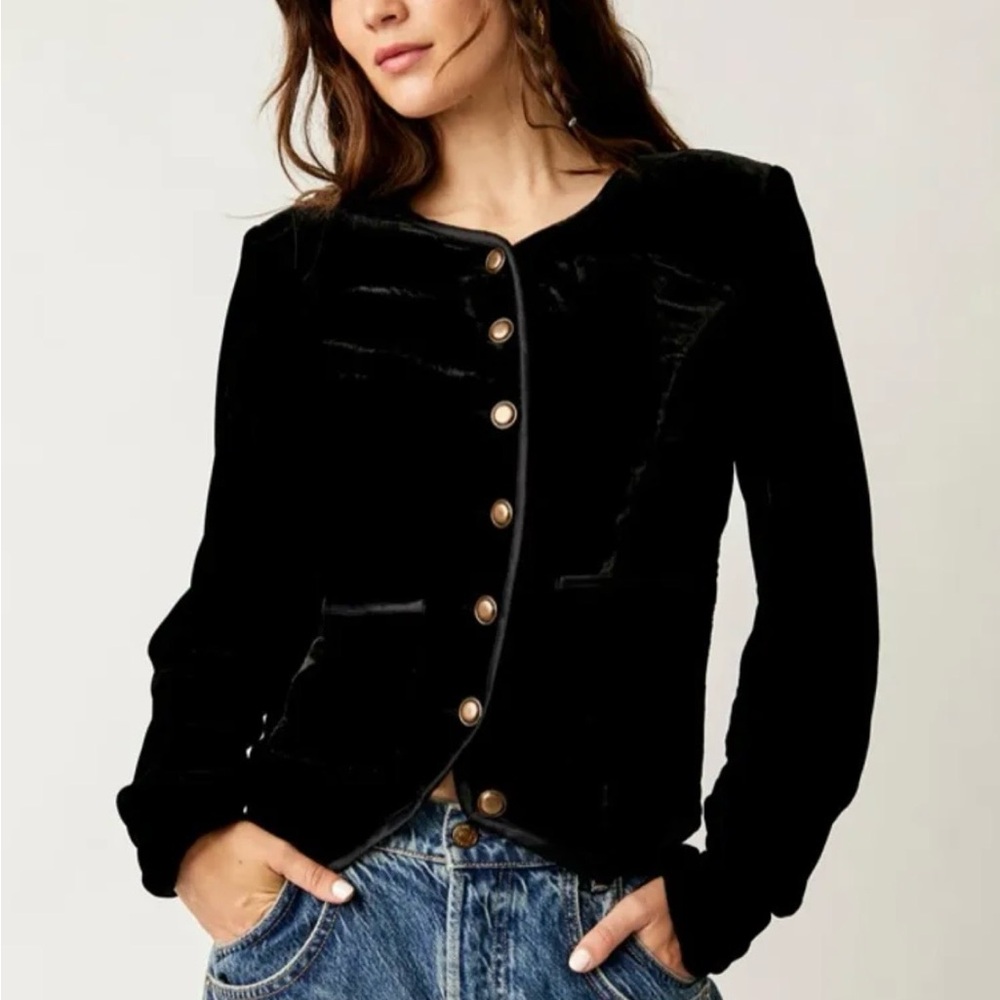 Free People Black Velvet Button-Front Blazer